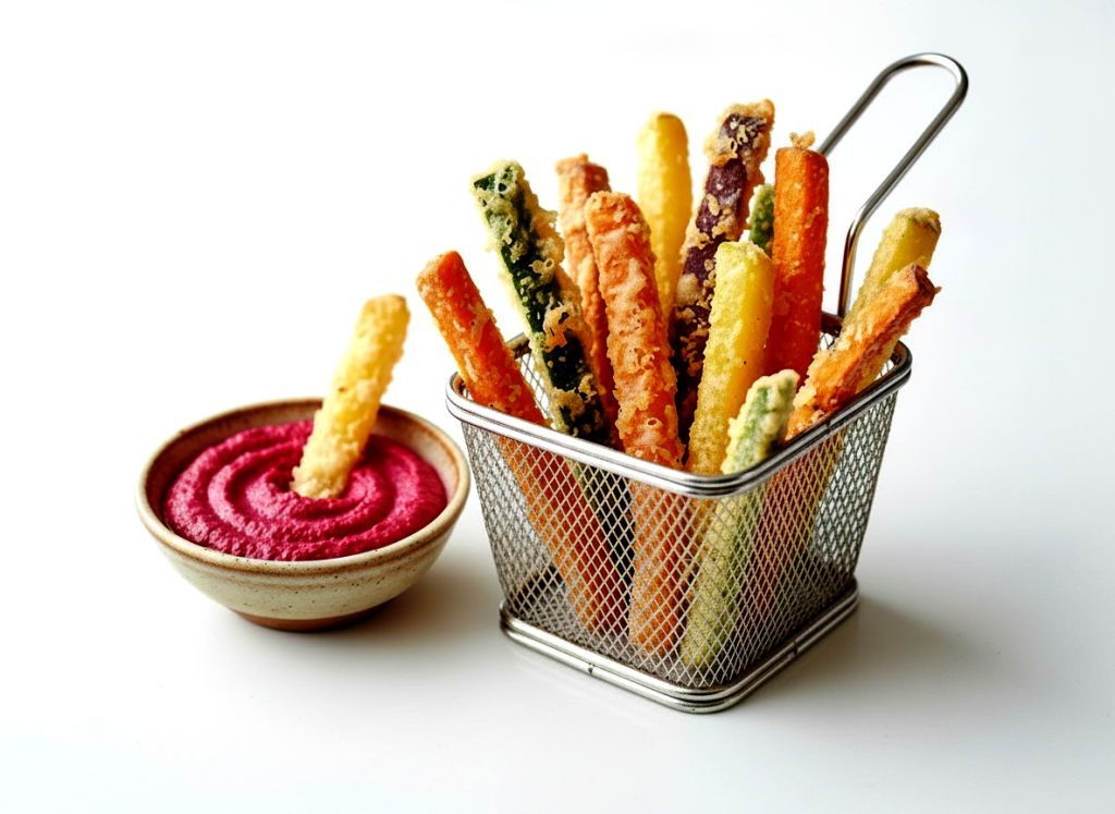 Bastones de verduras crujientes con hummus de remolacha menú infantil