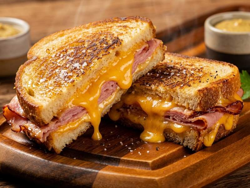 Sandwich mixto tostado con queso fundido y jamon york cortado por la mitad