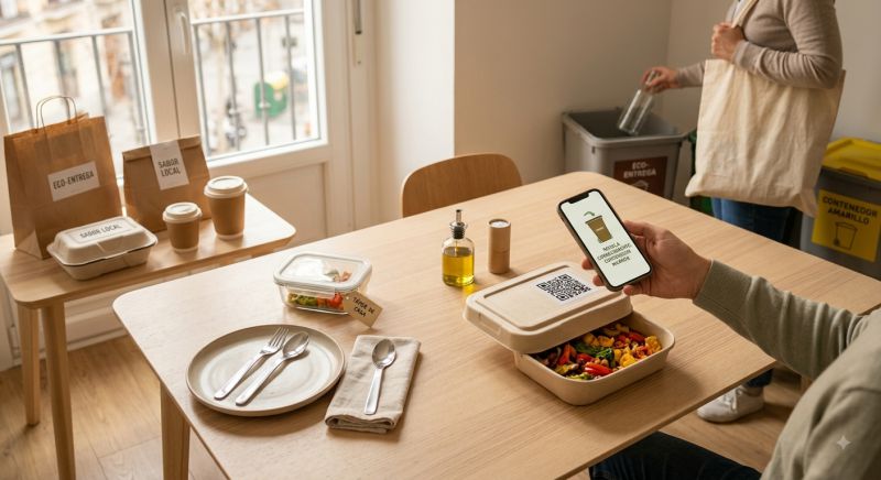 Cliente escaneando codigo QR en envase de comida para llevar y reciclando