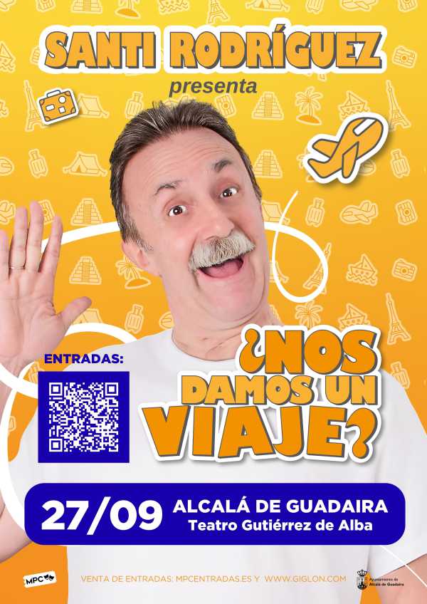 Cartel promocional del espectáculo de humor 'Nos damos un viaje' de Santi Rodríguez en el Teatro Gutiérrez de Alba de Alcalá de Guadaíra.